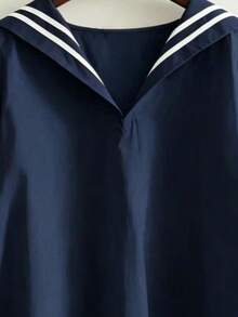 Kemeja Wanita Kasual dengan Kerah Pelaut Bergaris dan Blok Warna - Navy Blue - View 4
