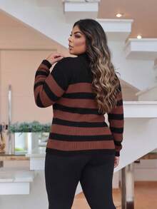 Women's Plus Size Striped Turtleneck Knit Blouse For Cold Weather - Black and Dark Brown - View 2