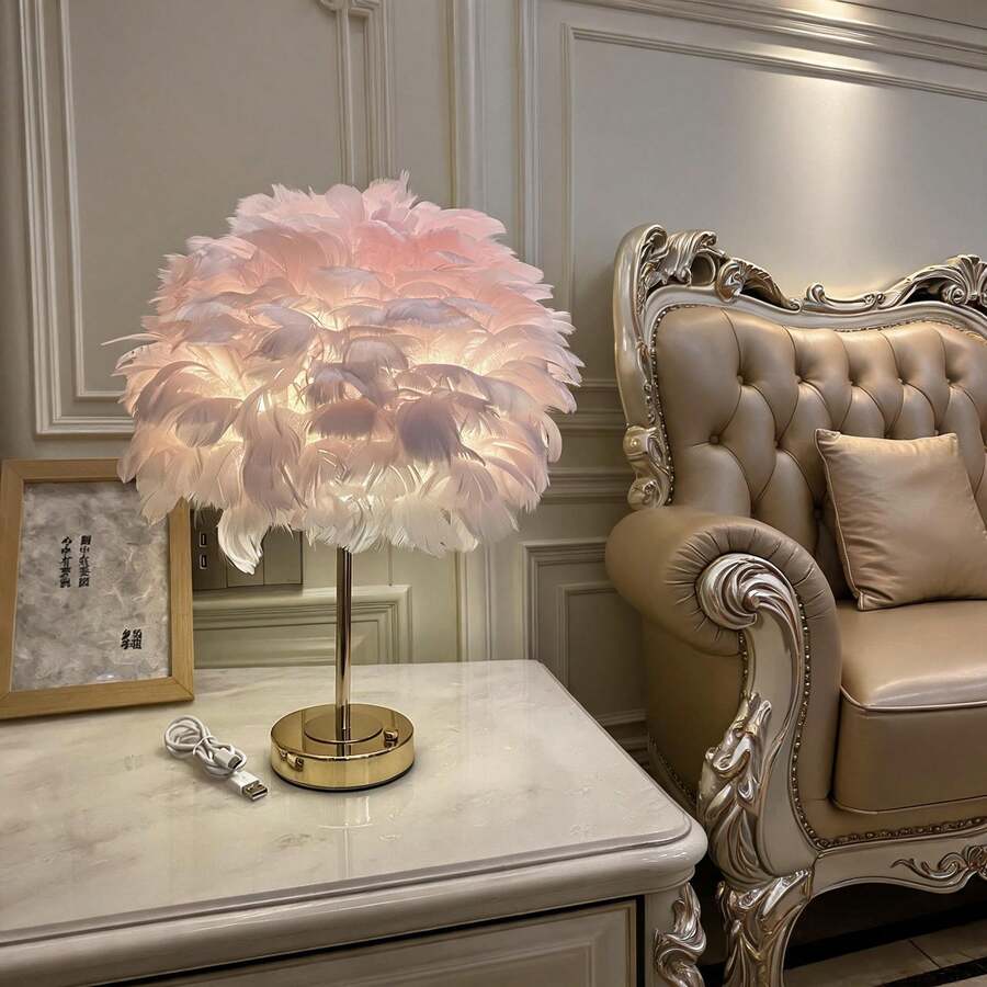 1pc Rechargeable Feather Table Lamp, Nordic Modern Cordless Portable Home Decor Light, Romantic Bedroom Bedside Lamp, Warm Girl Atmosphere Small Night Light + 1 Data Cable Set