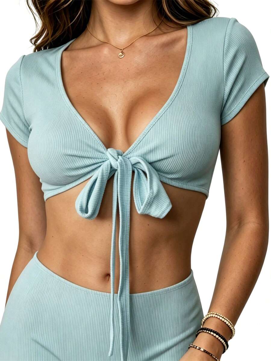 Womens Crop Tops Short Sleeve Cross Wrap V Neck Solid Color Ribbed Slim Fit Summer Shirt - Sky Blue - View 1