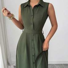 Vestido de línea A con cintura ceñida, cuello redondo y sin mangas, elegante y romántico para vacaciones de verano de mujer - Rosa Pálido - View 5