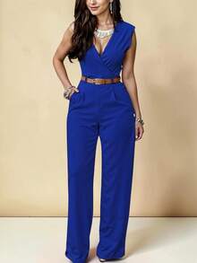 Elegant Palazzo Jumpsuit With Crossover Neckline And Adjustable Belt Included - Royal Blue - View 1