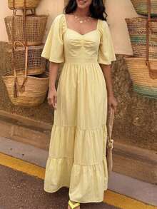 2026 Summer New Arrival French Elegant Dress, Yellow Bohemian Style Square Collar Short Sleeve Waist Flared Skirt, Minimalist Casual Vibe, Suitable For Vacation, Beach, Music Festival, Commute, Date, Leisure Wear - Yellow - View 7