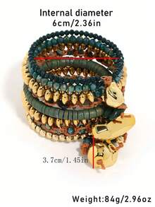 1 Peça Pulseira de Mola Multicamadas com Pingente Assimétrico de Corda Trançada com Contas de Pedra Natural Falsa, Estilo Luxo Vintage de Férias, Adequada para Uso Diário Feminino / Look Vintage / Férias na Praia - S-715 - Visão 3