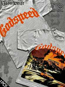 Break The SystemMen's Washed Vintage Crewneck T-Shirt, 100% Cotton 180GSM, Godspeed Highway Car Print, Retro Faded Style, American Streetwear, - 灰色3 - 查看 1