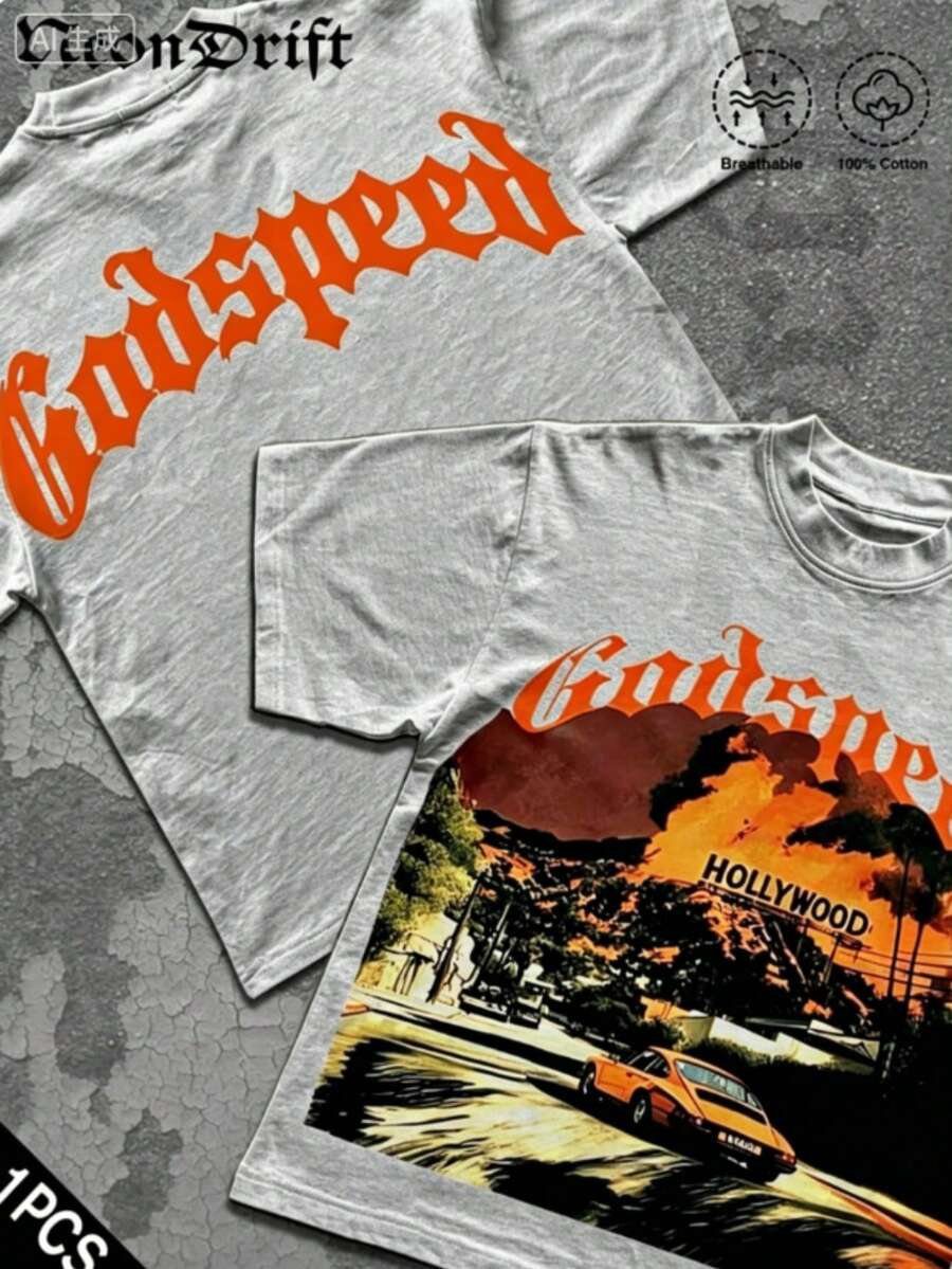 Break The SystemMen's Washed Vintage Crewneck T-Shirt, 100% Cotton 180GSM, Godspeed Highway Car Print, Retro Faded Style, American Streetwear, - 灰色3 - 查看 1