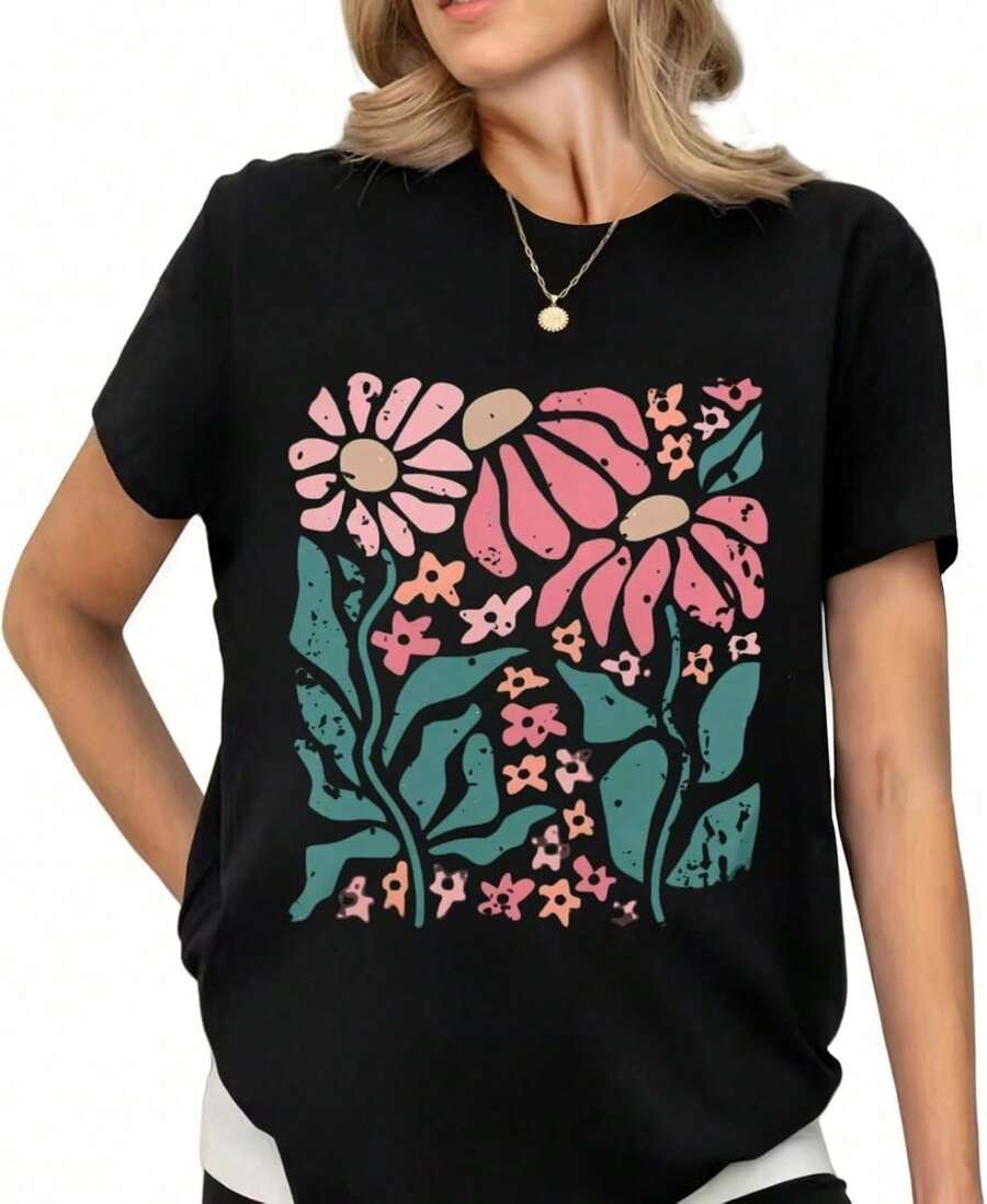 Camiseta Vintage Bohemia con Estampado Floral para Mujer, Blusa de Manga Corta Estampada para Chicas, Transpirable y CómodaCamiseta de algodón puro, suave y cómoda al tacto - Negro-14 - Ver 1