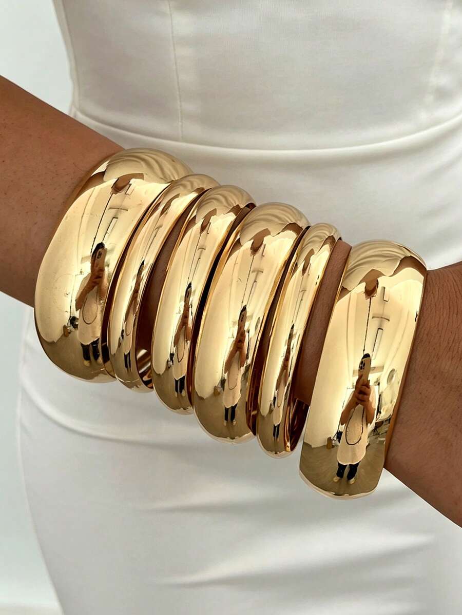 6 chiếc/3 bộ vòng tay kim loại sắt tấm trơn bản rộng phong cách vintage thanh lịch phóng khoáng, phù hợp cho nữ đeo hàng ngày, đi tiệc, du lịch, đám cưới và nhiều dịp khác, làm quà tặng - Vàng - Xem 1
