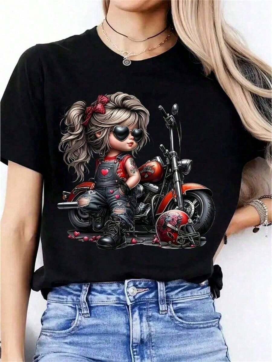 1 Pc Women's Solid Color T-Shirt With Cartoon Motorcycle Girl Print, Casual And Fashionable For Daily Wear 180g 100% Cotton Sizes From S To XXXL. - 彩色 - 查看 1