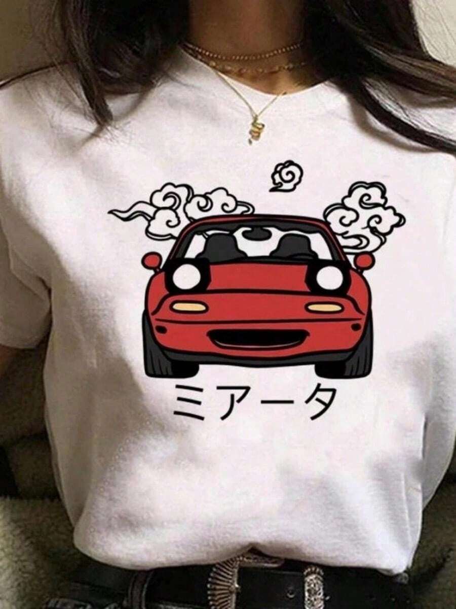 Graphic Print T-Shirts, Women's Casual Clothing, Love Letter Print T-Shirts, Cute And Popular Clothing, Fashionable Short Sleeve Crew Neck T-Shirts - 白色 12 - 查看 1