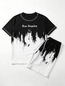 GRDR Set Kaos Lengan Pendek dan Celana Pendek Pria Motif Gradien Tinta Los Angeles, Pakaian Olahraga Kasual Musim Panas 2 Potong, Nyaman dan Bernapas, Bergaya - Hitam dan Putih - View 5
