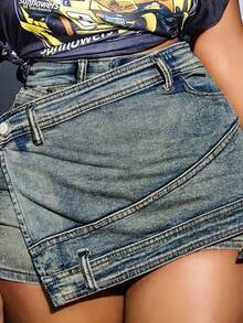 Vintage Washed Work Trousers, Layered Waist, Asymmetrical Hem, A-Line, Elastic, Fitted, Mini Skirt - 牛仔中的藍色 - 查看 7