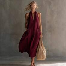 Elegant Women's Dresses Vacation Outfits Women Patch Pocket Suspender Long Dress - 白色 - 查看 5