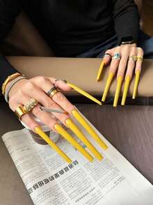 10入手工黃色10cm特長芭蕾形假指甲片，美甲用品。可重複使用，易貼易卸。適合女性日常穿戴、派對、婚禮及節日。附果凍膠、指甲銼條及其他美甲工具。 - 黃色 - 查看 1