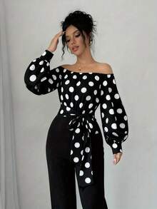 Elegant Women's Off-Shoulder Blouse With Polka Dots And Front Bow - Puff Sleeves, Round Neck, White, Machine Washable, Ideal For Casual Or Semi-Formal Wear In All Seasons - 多色 1 - 查看 11