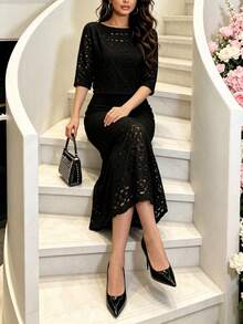 Spring Summer Autumn New 2-Piece Set Women's Solid Color Distressed Design Straight Leg Slit Elegant Slimming Outfit For Valentine's Day Black - Black - View 5