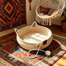 Cama para gatos de ratán tejida con rascador y pelota de juego autónomo, nido para mascotas de cuerda de algodón duradera, lavable y hecha a mano para todas las estaciones - Multicolor - View 1
