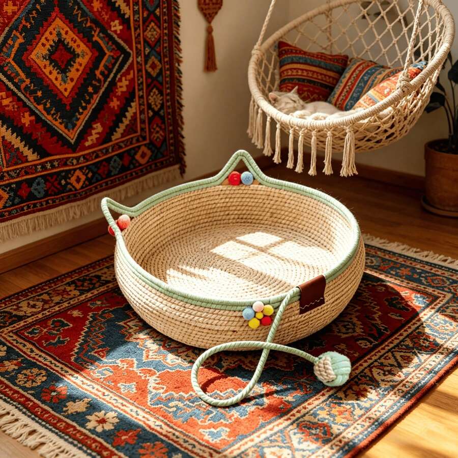 Cama para gatos de ratán tejida con rascador y pelota de juego autónomo, nido para mascotas de cuerda de algodón duradera, lavable y hecha a mano para todas las estaciones - Multicolor - View 1