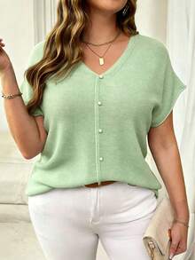 Plus Size Deep V-Neck Knit Top, Semi-Sheer Drop Shoulder Design, Regular Length, Slightly Stretchy Summer - Green - View 3
