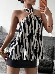 Women's Zebra Print Halter Neck Backless Mini Dress, Summer Vacation Sleeveless Flowy Beach Dress Casual - Black and White - View 10