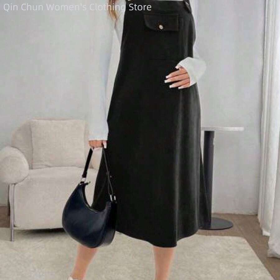 WNSS  Vestido casual suelto con bolsillo y tirantes de unicolor para mujeres embarazadas, para primavera y otoño, para maternidad - Negro01 - Ver 1