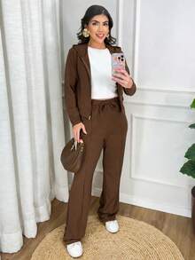Women's Stylish Tracksuit Set: Sweatshirt With Trim, Hood, And Zipper, And Wide-Leg Pants With Side Pockets - Elegant Women's Jacket, Wide-Leg Pants, Long-Sleeved Blouse, Winter, Cold Weather, Basic, Comfortable, Premium, Comfy, Warm, Thick, Brown. - 鏽棕色 - 查看 1