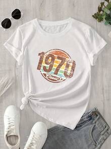 Camiseta de manga corta y cuello redondo para mujer con estampado de logotipo de los años 70, apta para todas las estaciones. - Blanco - Ver 1