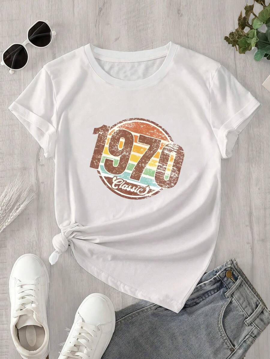 Camiseta de manga corta y cuello redondo para mujer con estampado de logotipo de los años 70, apta para todas las estaciones. - Blanco - Ver 1