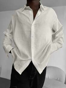 Herren Retro Stil reine Baumwolle Leinen Textur beige Langarmhemd, geeignet für alle Jahreszeiten, lässig & vielseitig, zeigt elegante Herrenart, essentiell für den Herbst - Weiss - Übersicht 1