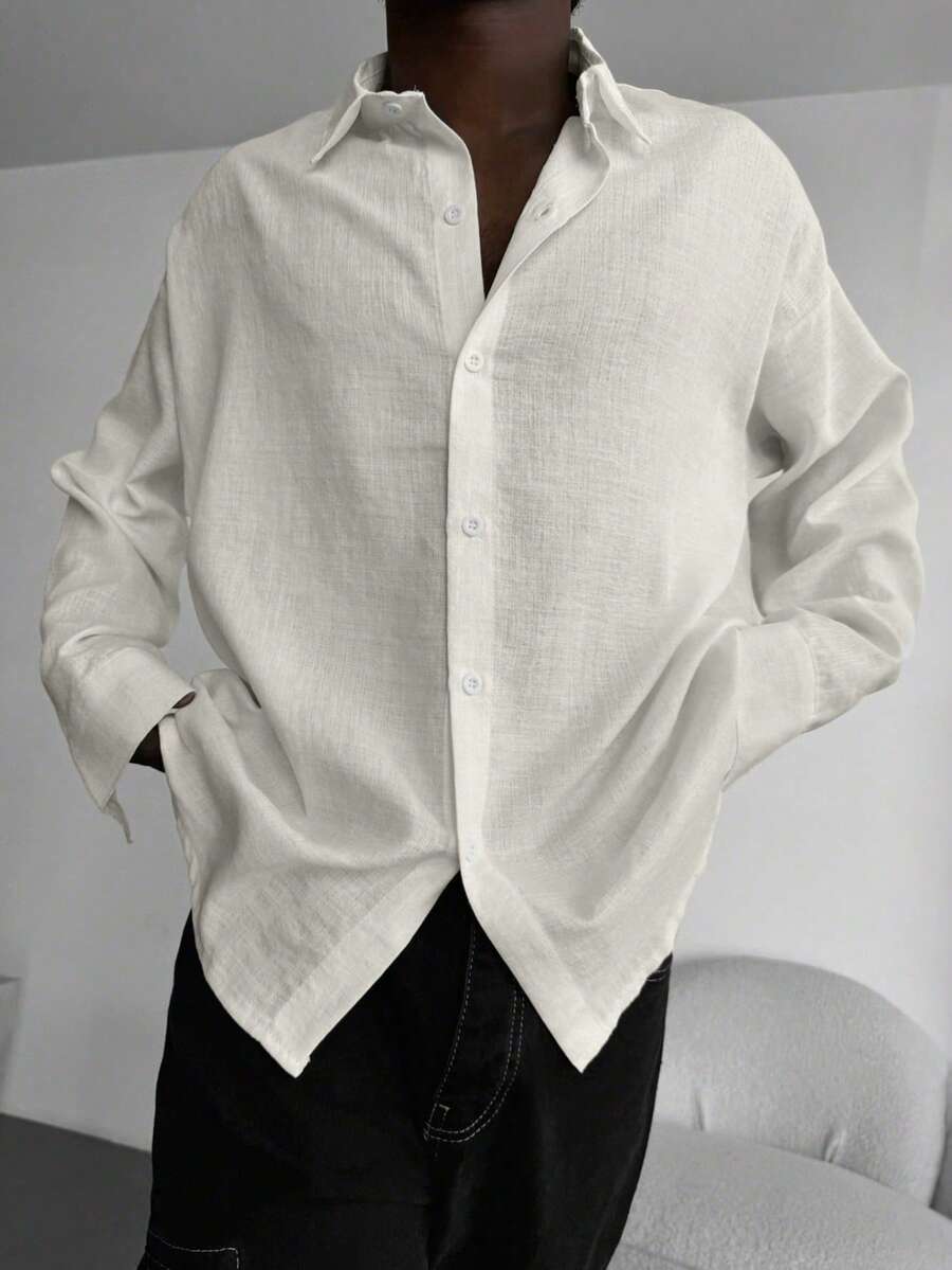 Herren Retro Stil reine Baumwolle Leinen Textur beige Langarmhemd, geeignet für alle Jahreszeiten, lässig & vielseitig, zeigt elegante Herrenart, essentiell für den Herbst - Weiss - Übersicht 1