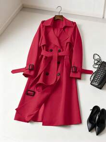 Women's Versatile Elegant Autumn/Winter Trench Coat, Elegant Commuter Casual Coat, New Year Outfit Red - Red - View 10