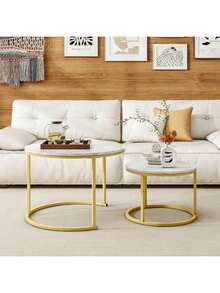 Gold-Plated Nesting Round Coffee Table With Wood Grain Marble Top And Sturdy Metal Frame, Suitable For Living Room, Bedroom, Balcony And Patio As Side Table - Gold - View 8