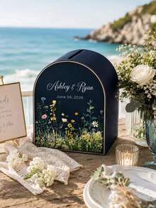 Personalized Wedding Card Box | Customized Acrylic Card Holder With Name And Date | Floral Arch Wedding Reception Decor | Rustic Bohemian Wedding Guest Card Box | Wedding Gift Table Decoration | Customized Wedding Keepsake Box - Multicolor - View 5