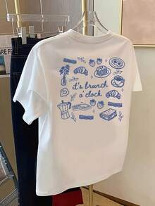 NEW Short Sleeve T-Shirt With Front And Back Print - "It's Brunch Time, Brunch Fashion Print" - Women's Fashion Print T-Shirt For Spring/Summer, Fashion Item - Unisex Cotton Loose Fit Short Sleeve Crew Neck Vintage Style T-Shirts For Women - 白色 - 查看 4