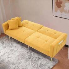 WF200993995B، أريكة سرير قابلة للإمالة، أرجل ذهبية، مع وسائد وجيوب تخزين جانبية - أصفر - مشاهدة 2