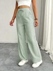 Women's Elegant Casual Striped Pocket Straight Leg Pants, Spring/Summer - Olive Green - View 3