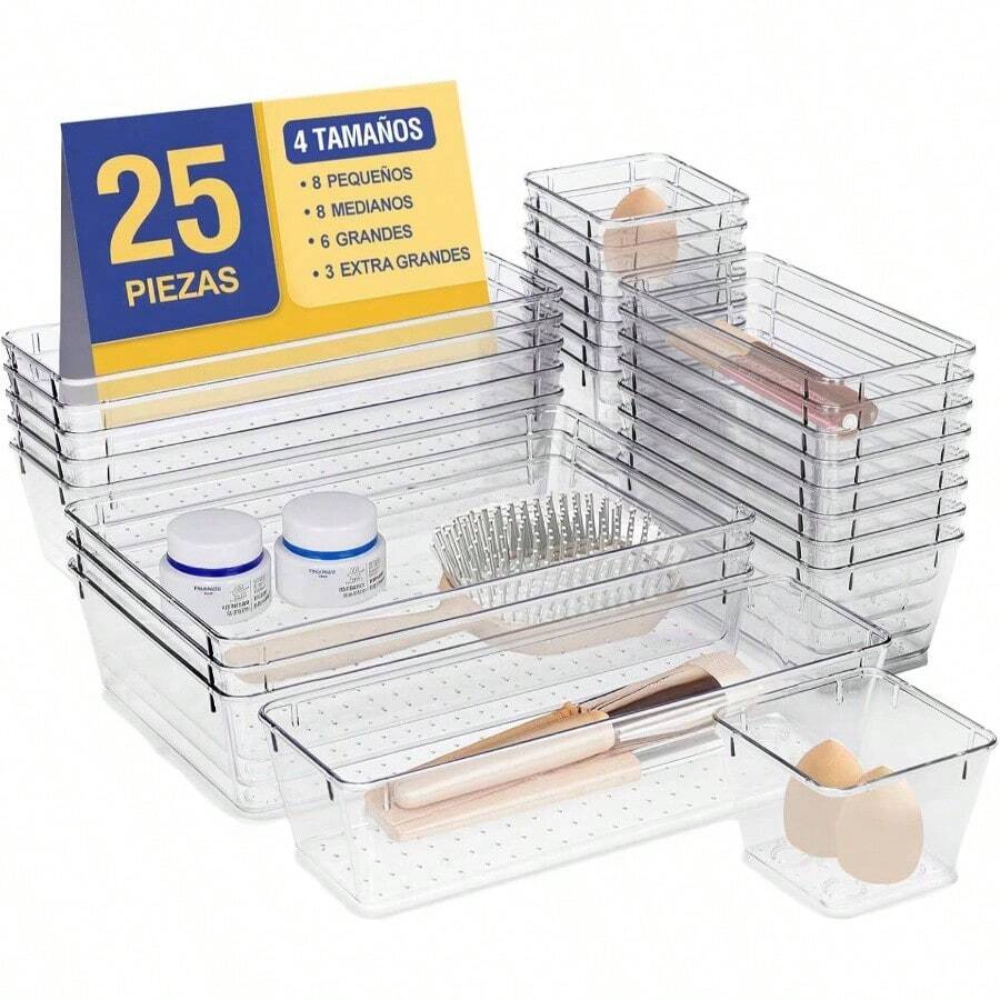25 PCS Organizadores de Cajones, Cajas Organizadoras de Plstico en 4 Tamaos Diferentes, Organizador de Maquillaje, Organizadores de Acrilico para Cocina, Escritorio, Bao, Joyas - Transparente - Ver 1