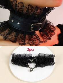 2pièces Ensemble Collier en Cuir Punk & Jarretière de Jambe en Dentelle Cœur, Combinaison Collier + Jarretière de Jambe, Collier Ras-du-cou Gothique Noir en Dentelle et Cuir, Accessoires de Bijoux en Cuir Synthétique, Réglable, Ensemble de Jambe Style Rue Mode Filles, Ensemble d'Accessoires de Bande de Jambe - Voir 7