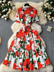 Elegant Women's Floral Print Dress With Short Sleeves, Lapel Collar, And Fitted Waist - Romantic Rose Design, Perfect For Spring Outings, Garden Parties, And Casual Events | Garden Party Dress | Floral Print Dress | Stylish Dress - 鵝黃色 - 查看 2