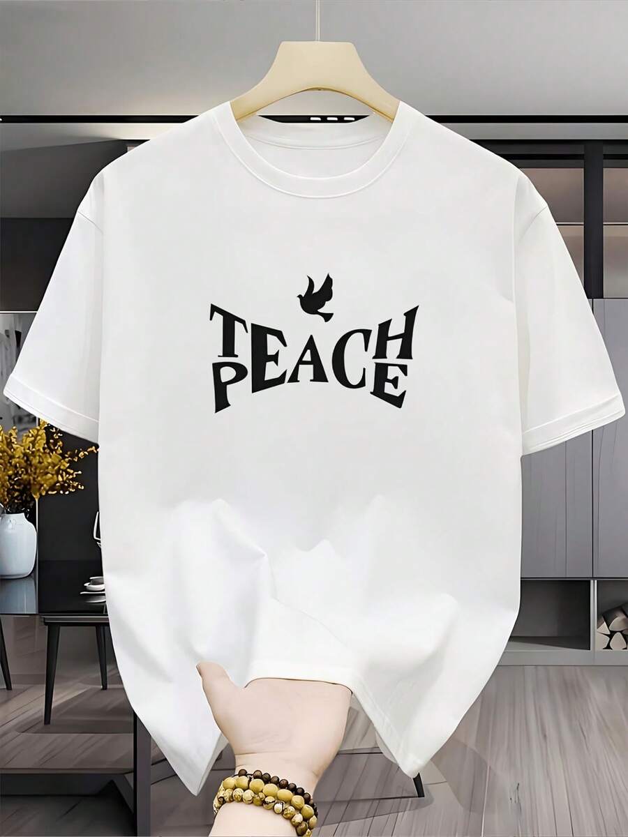 New Versatile And Stylish Casual Short-Sleeved 100% Cotton Printed T-Shirt - Men's Crew Neck T-Shirt With A Peace Statement Theme, Minimalist In Black And White, Essential For The Daily Outings Of Young Artists - Unisex Style. - 白色 - 查看 1