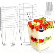 40-teiliges Dessertbecher-Set Mit Löffeln & Deckeln, 160 Ml Klare Quadratische Plastikbecher, Wiederverwendbar Für Pudding, Mousse & Eiscreme – Ideal Für Party, Buffet, Hochzeit & Zuhause, Praktisches Veranstaltungsgeschirr Für Kalte Desserts & Snacks - Übersicht 8