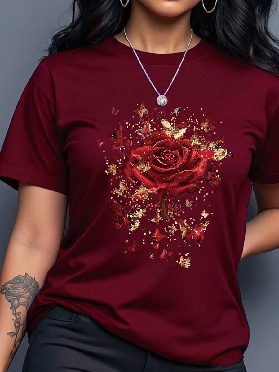 Camiseta de manga corta con cuello redondo y estampado de rosas para mujer, estilo casual, para verano - Rojo 2 - Ver 1