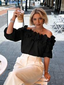 New Elegant Off-Shoulder Shirt With Solid Color 3D Floral Print - Versatile For Women - Spring/Summer - Black - View 5