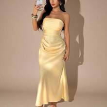 YijiaNvz  PETITE Vestido ajustado sin tirantes de unicolor amarillo crema con pliegues y espalda descubierta, adecuado para fiestas, cócteles, ocasiones formales, dama de honor, cumpleaños, vestido largo de satén amarillo, Navidad, banquetes, casual de negocios, vestidos de fiesta para mujeres, vestido de fiesta de Navidad - Marrón - Ver 5