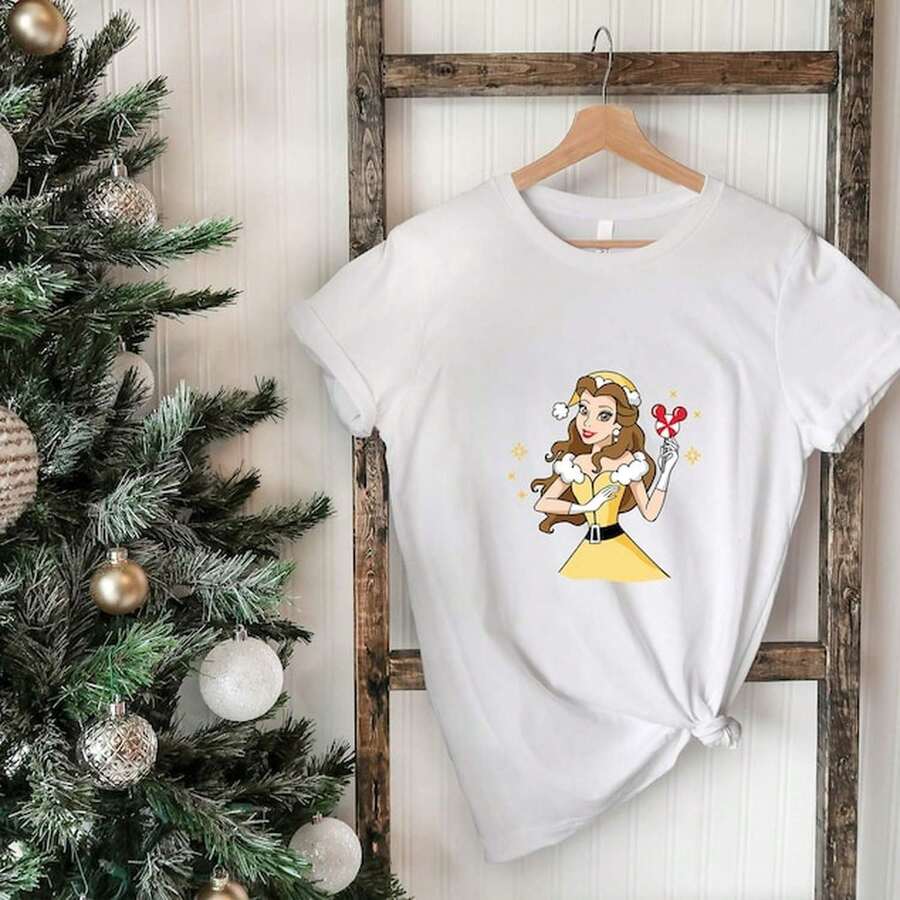 Belle Christmas T-Shirts, Princess Christmas T-Shirt, Belle T-Shirt, Princess Belle T-Shirt, Land T-Shirt, Magic Kingdom T-Shirt. - 白色 - 查看 1