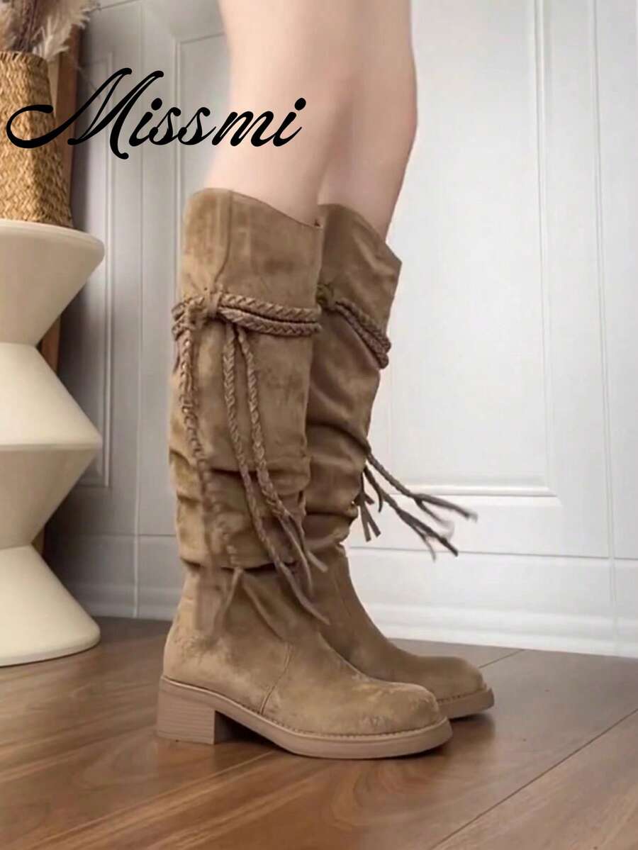 2026 New Retro Fringe Tall Boots Women Vintage Apocalyptic Style Chunky Heel Over-The-Knee High Boots - Brown - View 1