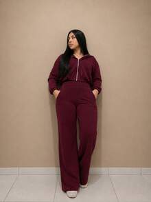 Comfortable Tracksuit Set With Metal Zipper, Long Sleeves And Wide-Leg Pants With Pocket. - Burgundy - View 4