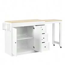 Isla de cocina sobre ruedas, isla de cocina extensible con zona de comedor, especiero y cajones, isla de cocina móvil e independiente, ideal para la cocina y el comedor (blanca). - Blanco - Ver 7