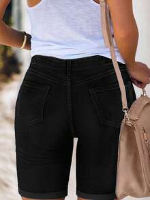 Shorts bermuda en denim noir à la mode pour femmes, shorts en denim à élasticité moyenne, fermeture à bouton et braguette zippée, design décontracté pour l'été - Noir - Voir 2