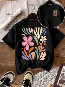 Summery, Loose-Fitting Women's T-Shirt, Relaxed-Fit Plus-Size T-Shirt With A Soft, Multicolored Floral Pattern - Casual Short-Sleeved Top With A Round Neck For Spring - Black - View 1